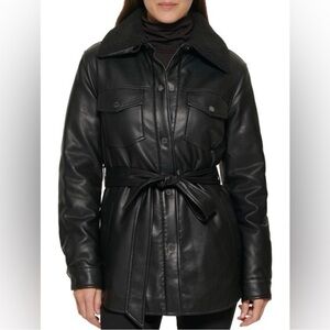 Kennth Cole Faux Leather & Faux Shearling Belted Shirt Jacket (Black)